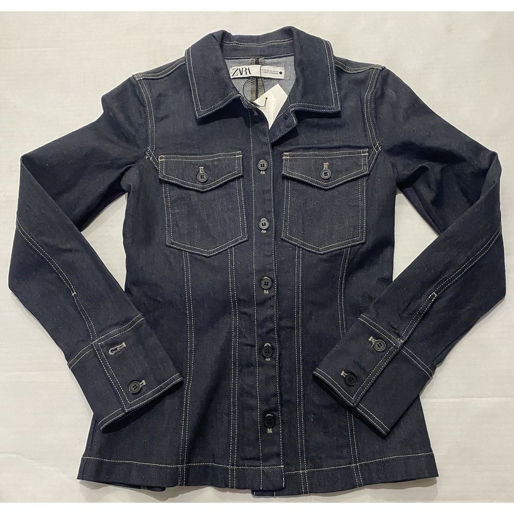 Zara Dark Blue Denim Shirt with Patch Pockets Long Sleeve Size XS. NWT
